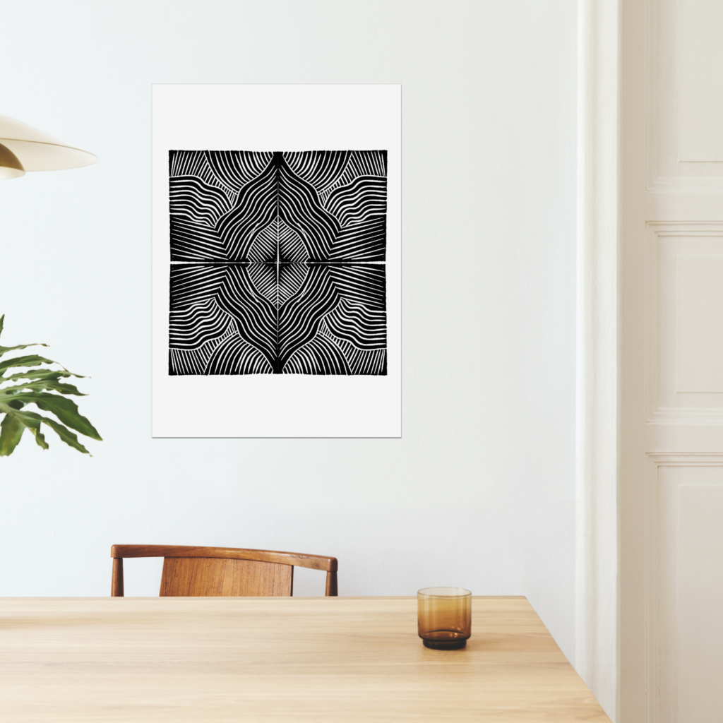 Black ink print on white paper, in a dining room